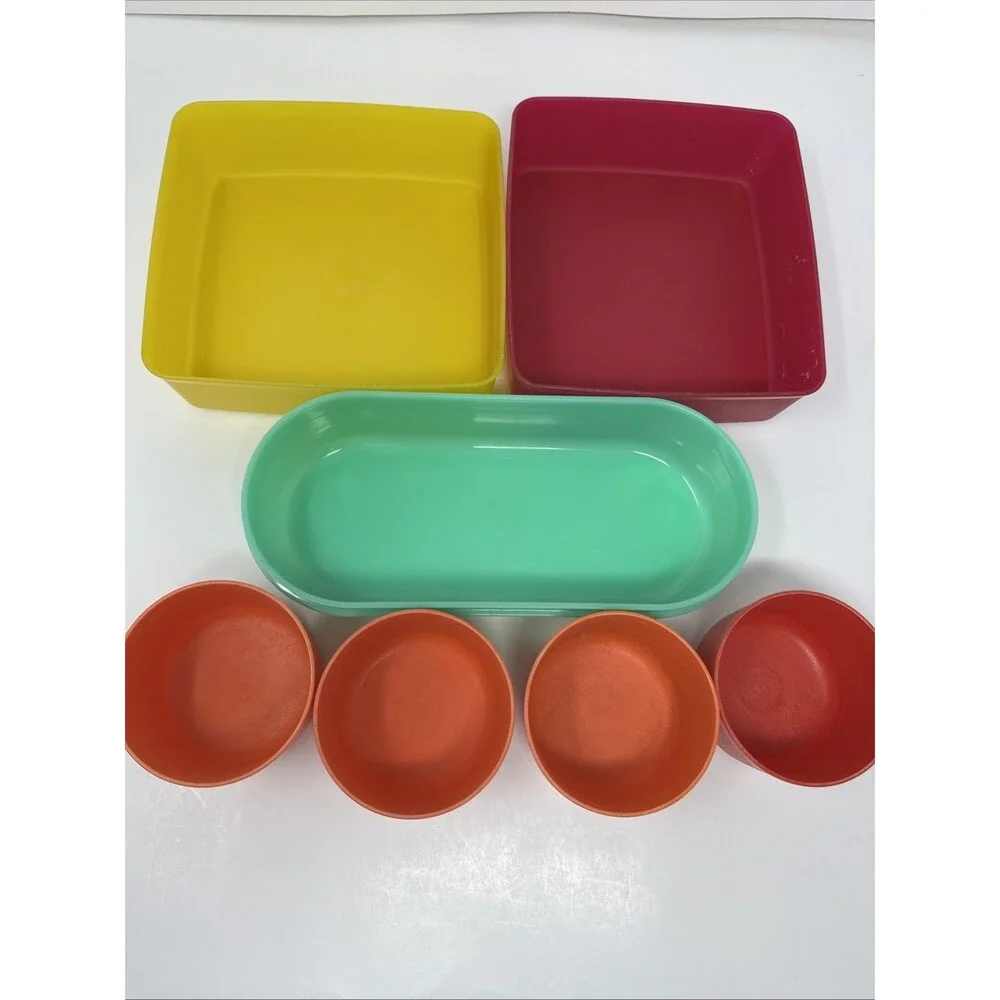 7x Vintage Tupperware Snack Set - 2 square away keeper 4 cups orange red yellow